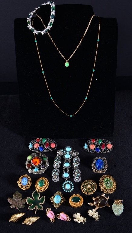 Vintage Colorful Leaves & Stone Costume Jewelry: Pins, brooch/pendant, necklaces, bracelet, pill box, shoe clips. Estate jewelry.