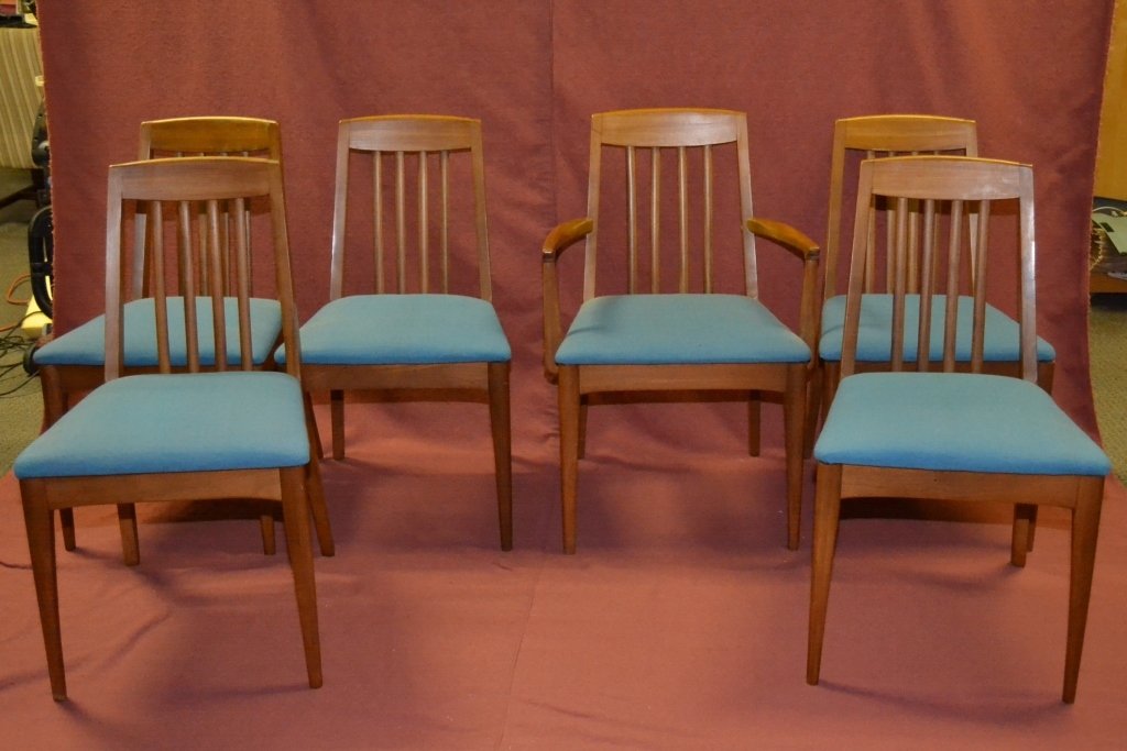 Danish Modern Style Dining Room Chairs: 5 side, 1 arm chair, arm chair center back height 34".