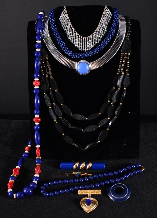 Vintage Blue & Black Costume Jewelry: Necklaces inc. Napier & Monet and pins. Estate jewelry.