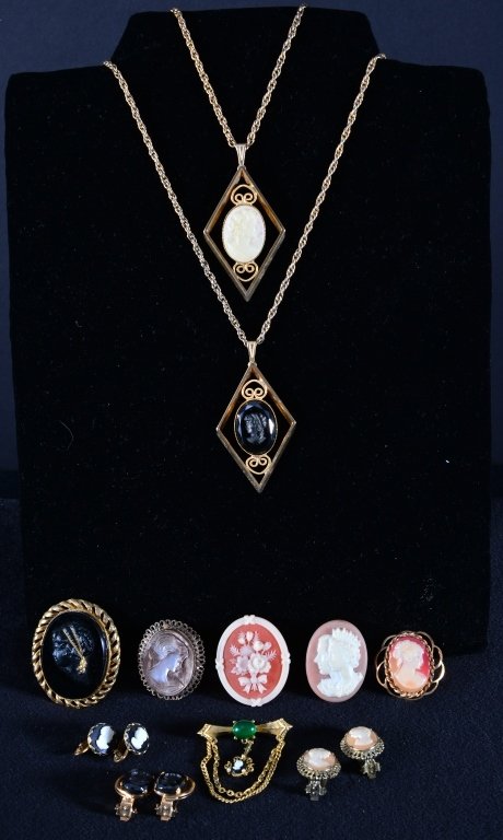 Vintage Cameo & Intaglio Costume Jewelry: Inc. Queen Elizabeth & Price Phillip, necklaces, pins, pendant pins, earrings. Estate jewelry.