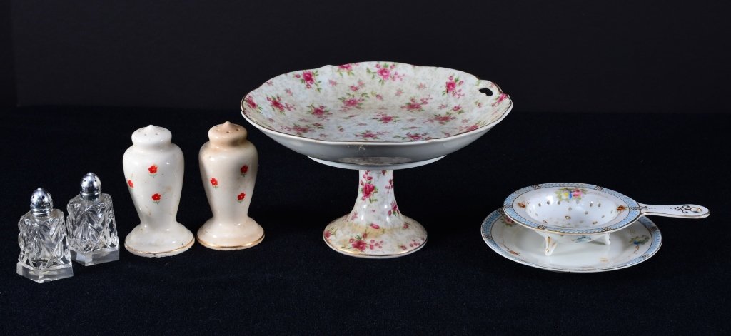 Nippon Handpainted Strainer & Underplate Plus: Together w/7" D x 4" T Ucagco Japanese pedestal, ceramic and cut glass salt and peppers.