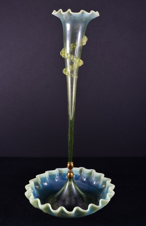 Ruffled Edge Single Horn Epergne: 21.5" T w/rigaree end missing.