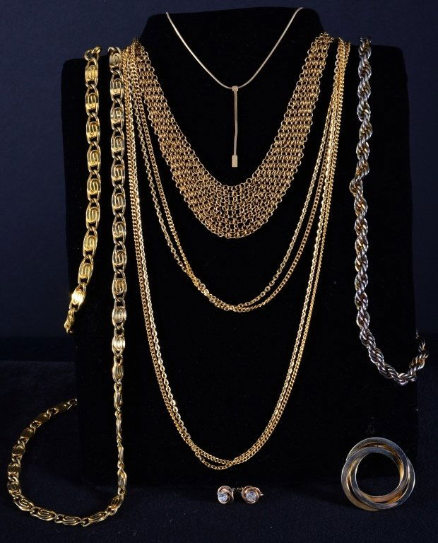 Vintage Gold Costume jewelry Inc. Anne Klein: Necklaces (2 Anne Klein, 1 German), pin and earrings. Estate jewelry.
