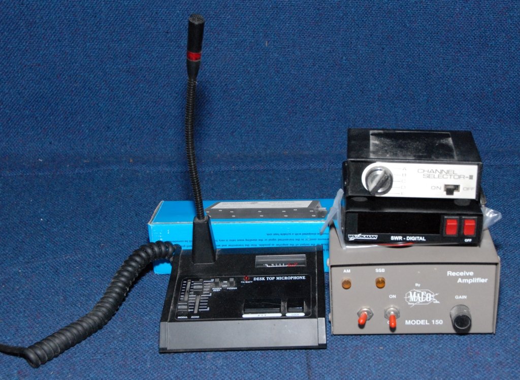 Workman Filter and MACO Receive Amplifier Plus: Workman TV1-2K Low Pass Filter, desk top microphone, MACO 150 Receive Amplifier, microphone, Workman SWR Digital Power in Watts (Mint in Box) Plus and a channel selector.