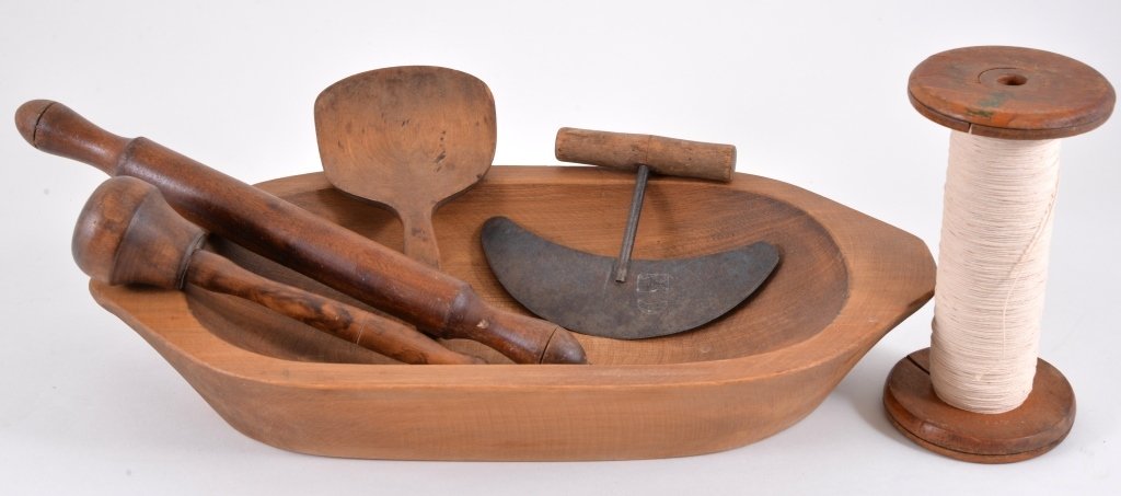 Treenware Trencher, Butter Paddle, Bobbin, Chopper: 19.25" x 10.25" trencher, butter paddle, 8" bobbin, wooden handle metal chopper, muddler & rolling pin.