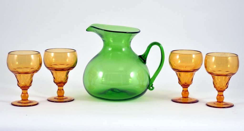 Hand Blown Green Pitcher w/4 Amber Sherbet Glasses (1 of 1)