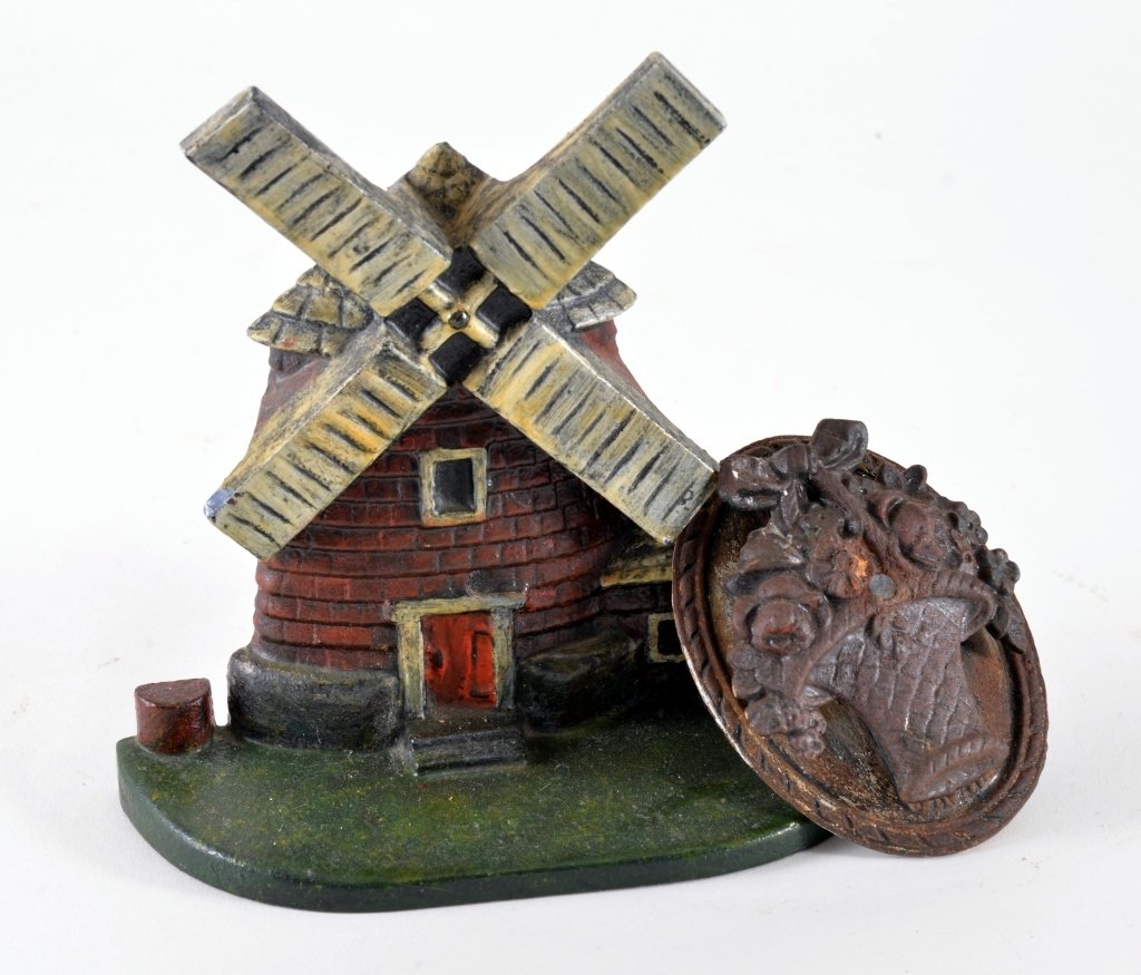 Cast Iron Floral Door Knocker & Windmill Door Stop: Vintage door knocker 4" tall, windmill 7" tall.