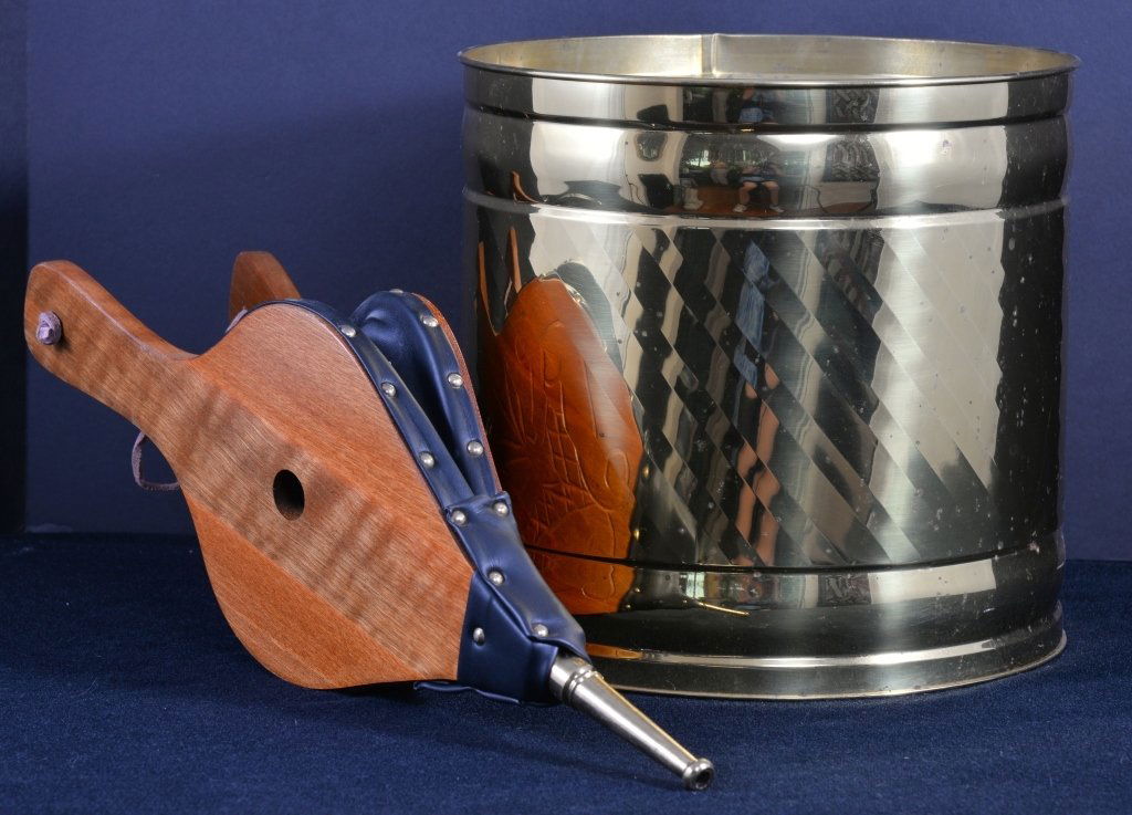 Fireplace Bellows and Brass Waste Can: Low relief decoration 17.5" L, brass waste can 10.5" D x 10" T.