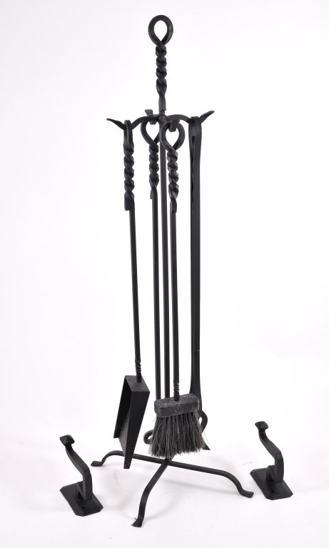 Black Wrought Iron Fireplace Tools, Stand & 2 Hooks (1 of 4)