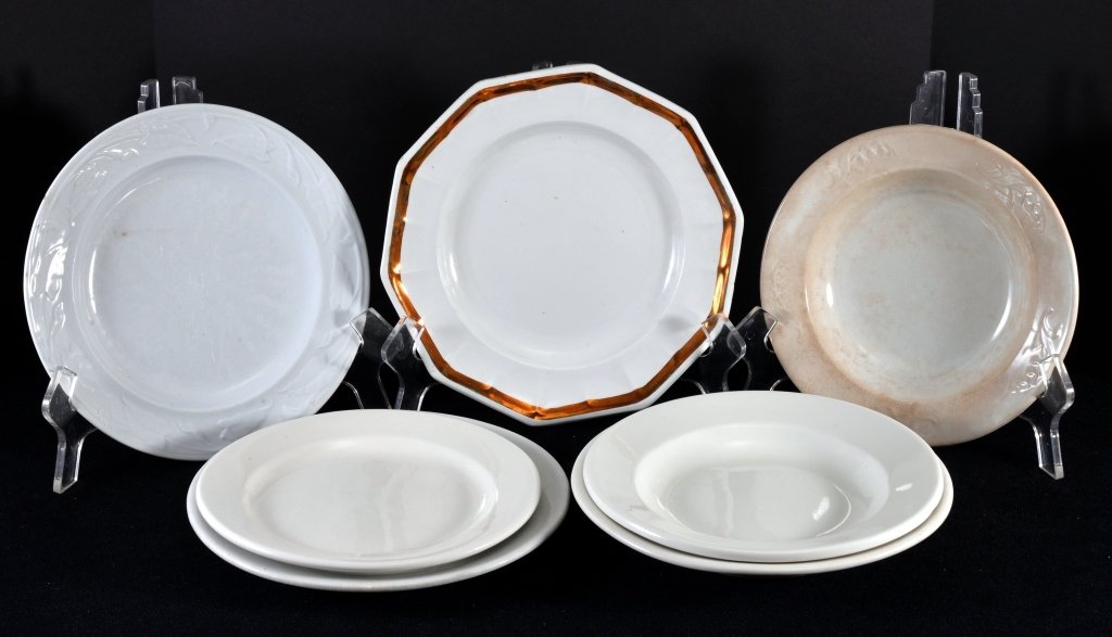 7 Pieces White Ironstone Plates And Bowls: Inc. J & G Meakin, Wood & Son, Livesley, Powell and Shenango.