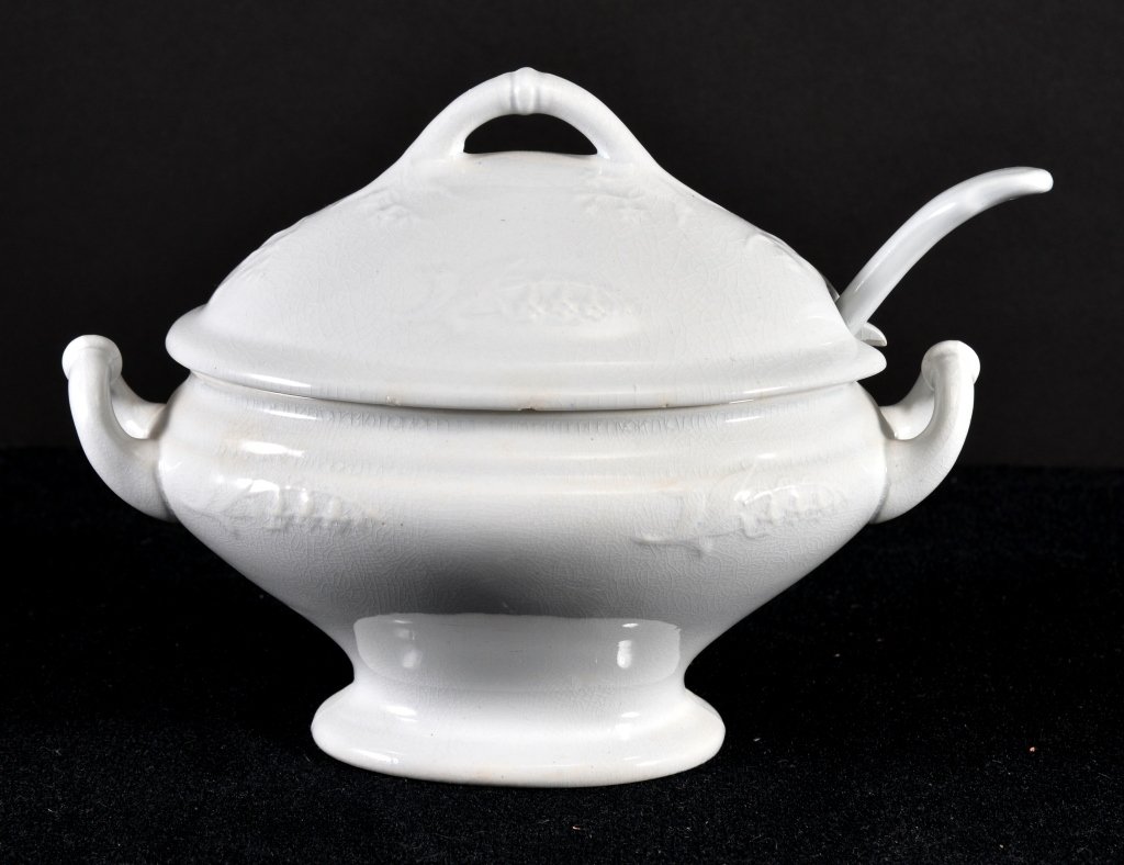 Small English Ironstone Tureen w/Ladle: H. Burgess Bursley, 8" handle to handle lid under rim chip and flake, crackle glaze.