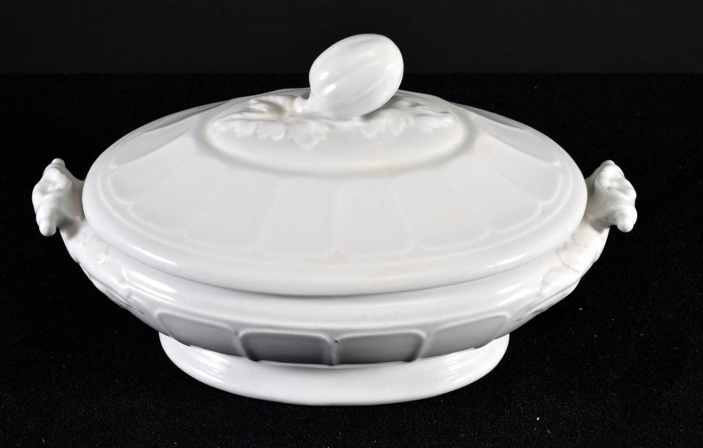 English Ironstone Covered Tureen: Floral handles, fruit finial, marked and impressed John Alcock, 10.75" handle to handle, crackle glaze.