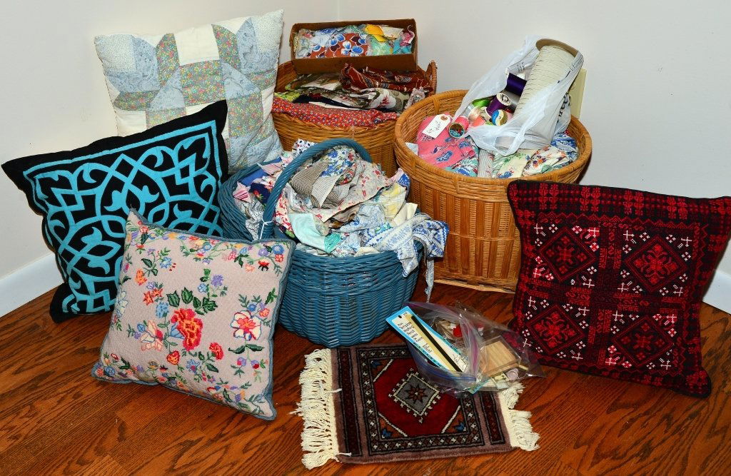 Three Baskets of Material Plus Pillows & Small Rug (1 of 2)