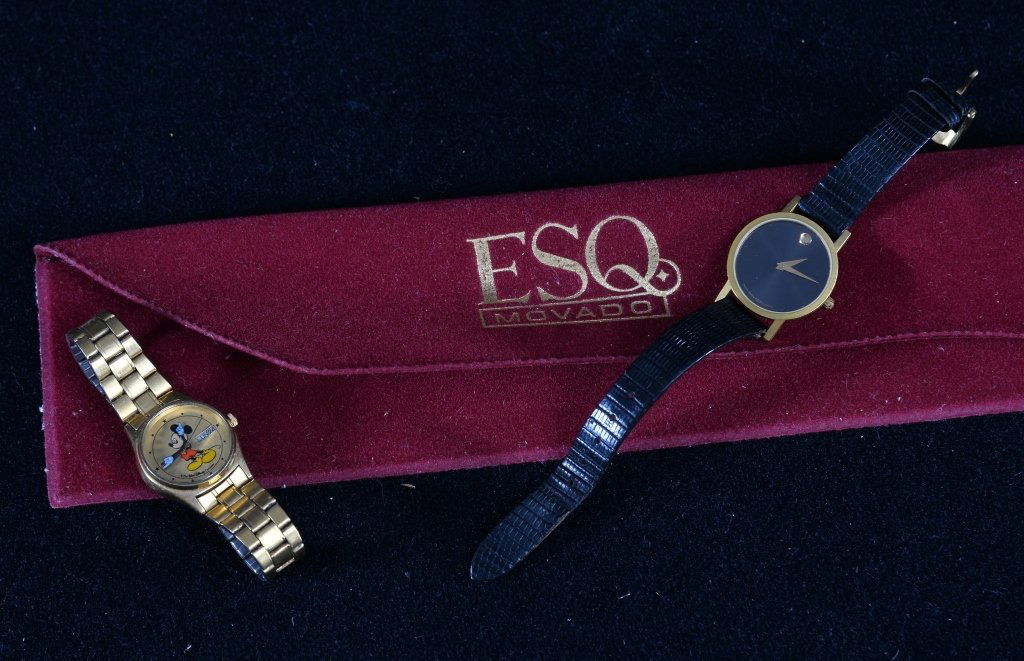 Movado & Mickey Mouse Watches: Movado w/dark face. Estate pieces.