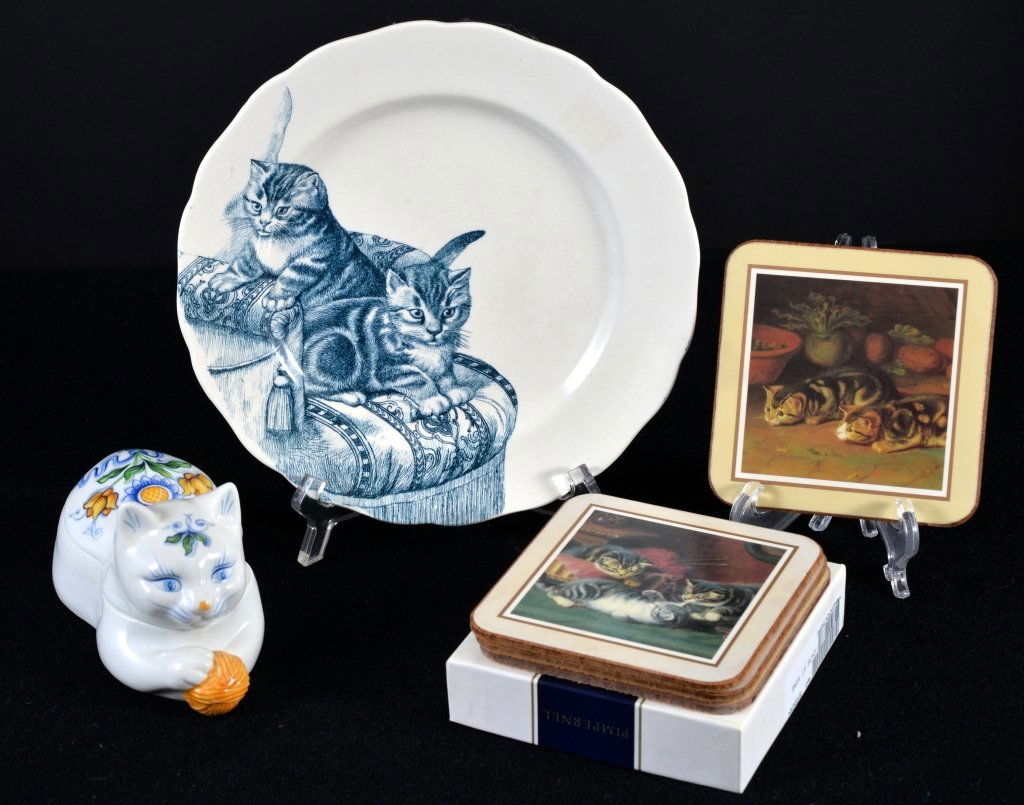 English Cat Plate, Figural Cat Box & Coasters: 8" plate marked & incised, cat box 6" long & 4 Pimpernel coasters.