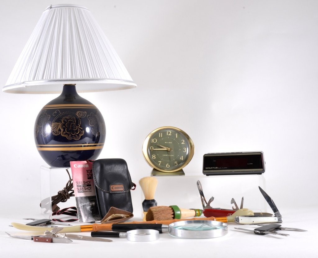 Men's Lot w/Pocket Knives, Canon Top Shot Plus: Sabre pearl handle knife, advertising knives, Swiss Officer knife, shaving brushes, magnifying glasses, lamp, clocks: (Westclox Big Ben) & Spartus Dual Alarm, Canon Top Shot Sure Shot in case and more