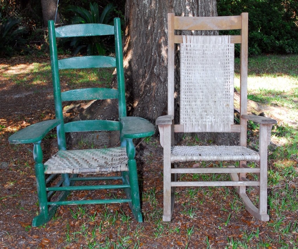 Two Vintage Porch Rockers: 44" & 45" center back heights, one with wide flat arms. Finish losses, one needs seat repair.