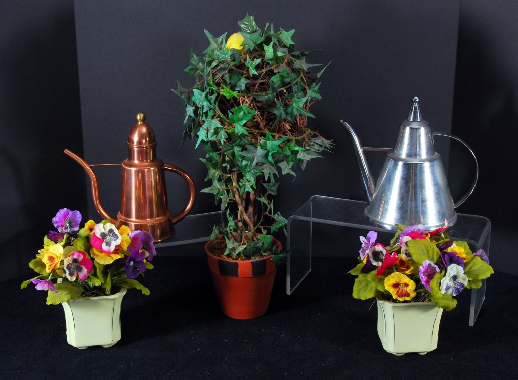 Lemon Tree, Pansy Pots & Small Water Cans: 16" tall lemon tree, copper & chrome water cans.