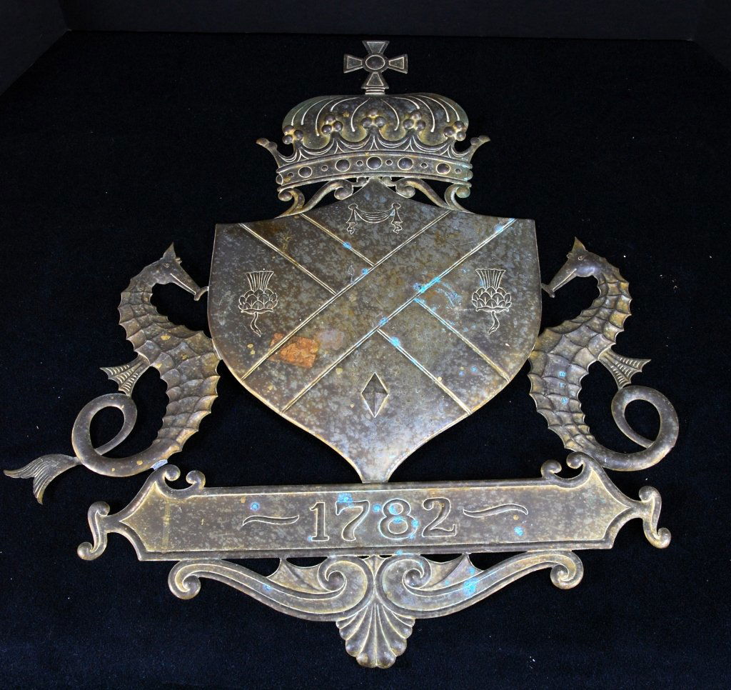 Metal Wall Shield w/Crown, Sea Horses & 1782 Date: 23" wide x 23.5" tall.