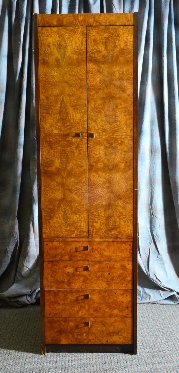 Burl Veneer Tall Storage Cabinet: Top doors open to shelving, base w/drawers, 24" x 18" x 82" tall.