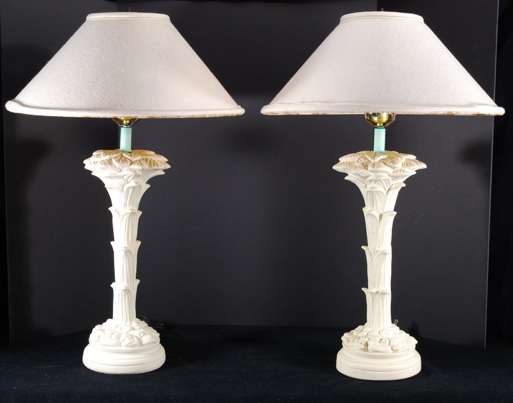 Pair White Ceramic Plaster Stylized Palm Table Lamps (1 of 3)