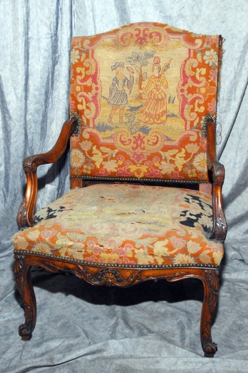 Antique French Arm Chair: Needlepoint upholstery (seat worn), 42" center back height. Needs upholstery.