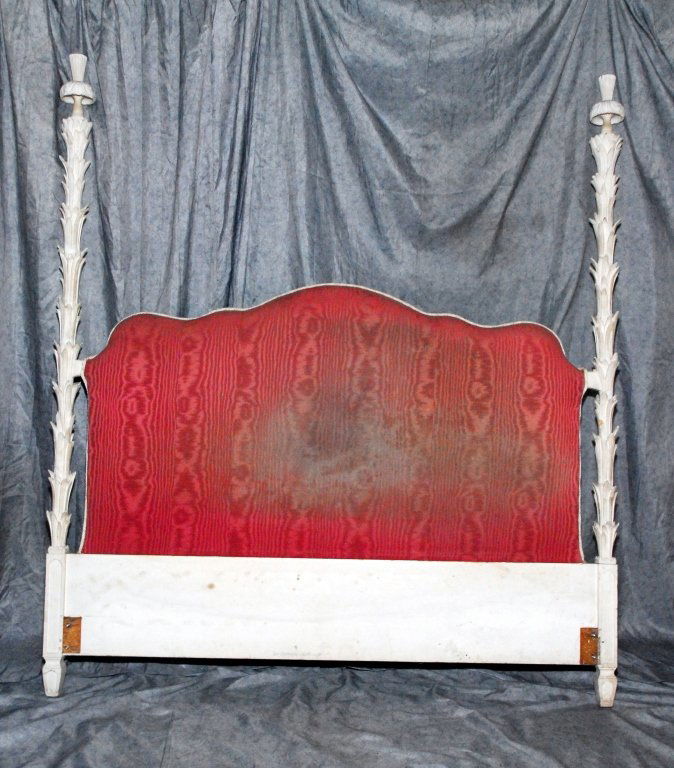Padded Headboard w/Stylized Palm Posts: Handcarved solid wood, 67" wide x 74.5" post height.
