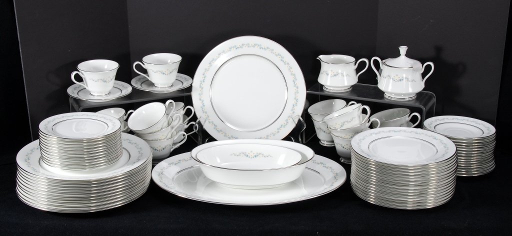 79 Pieces Oxford Bone China Holyoke Dinnerware: Service for 12 inc. dinner plate, salad plate, bread & butter plate, cup & saucer; plus: 4 salad plates, 4 cups, 5 saucers, 8.5" & 10" long oval vegetables, 16" platter, creamer & covered sugar, disco
