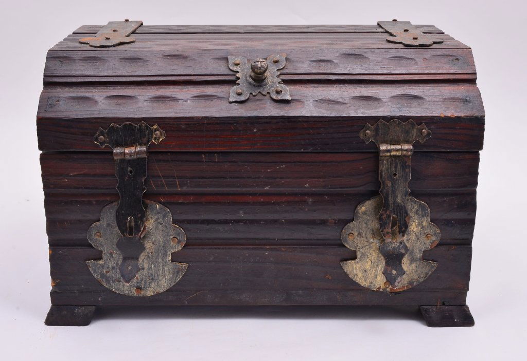 Carved Wood & Metal Strap Treasure Style Chest (1 of 4)