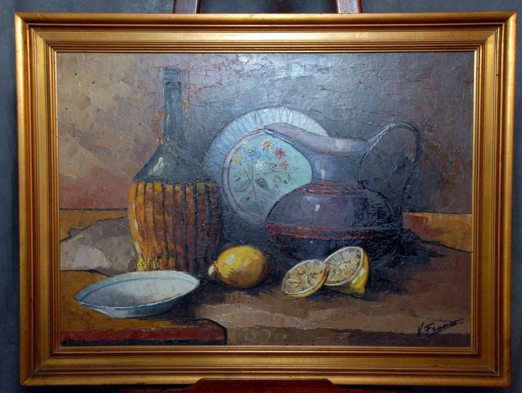 V. Franco Signed Still Life: Crackle finish, sight 19.25" T x 27" W, framed 24" T x 32" W.
