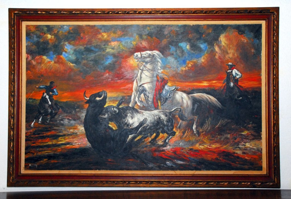 Large Signed Beller Painting-Trouble on the Range (1 of 3)