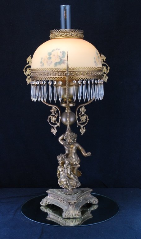 Brass & Metal Oil Lamp with Cherubs & Floral Shade (1 of 6)