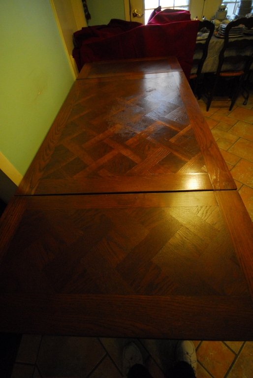 Vintage Oak Draw Leaf Table w/Parquet Top: 47" long plus two 16.5" draw leaves x 35" wide x 29" tall, top marred.