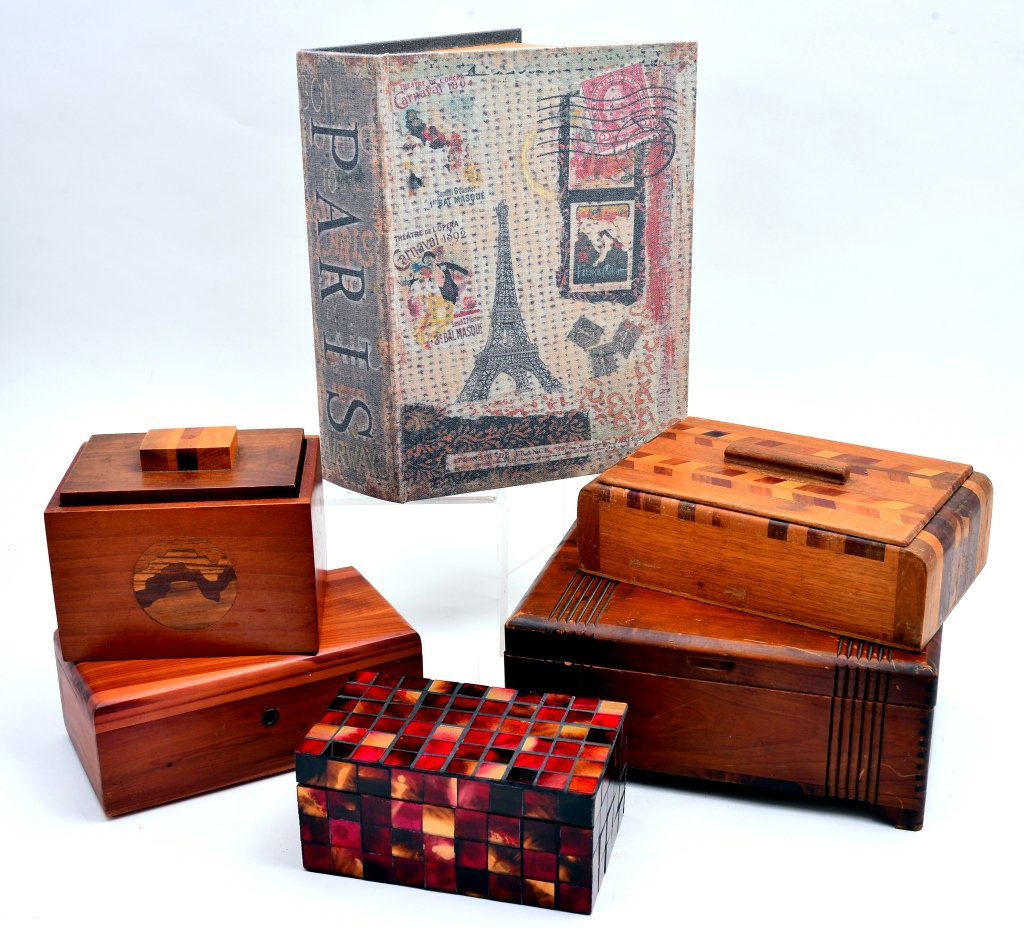 Wood, Mirror & Paris Book Decorative Boxes: Inlaid wooden boxes, Lane Cedar Chest, mirrored tile box and Paris Book 13" x 9" x 3",