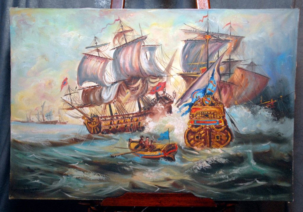 Unframed Signed Spanish Ships Oil on Canvas (1 of 2)