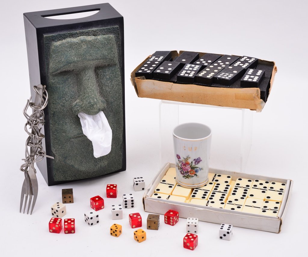 Dominos, Dice (w/Ceramic Cup) and Whimsical Items: Including facial kleenex box and "dieter's" fork.