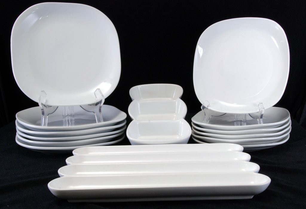 White Corningware Dinnerware & Divided Dishes: Dinnerware includes six 9" & six 10" square plates, divided dish, bread pan.