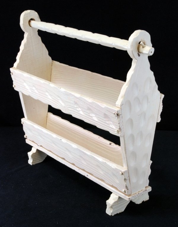 Handmade White Wood Vintage Magazine Rack: 18.5" wide x 18" tall.