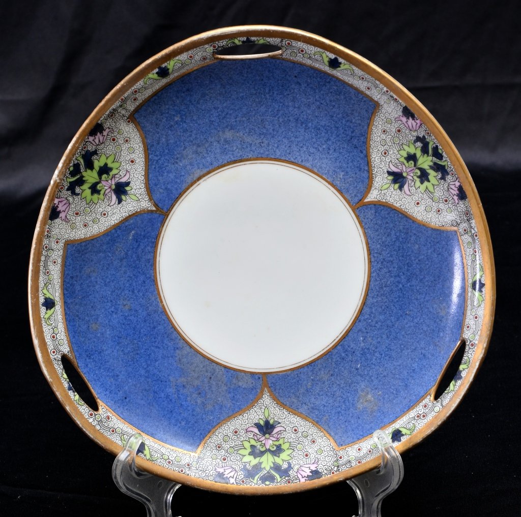 Noritake Plate: Triangular, pierced edge, hand painted, 9.5" W. Some losses to gold trim on edge.