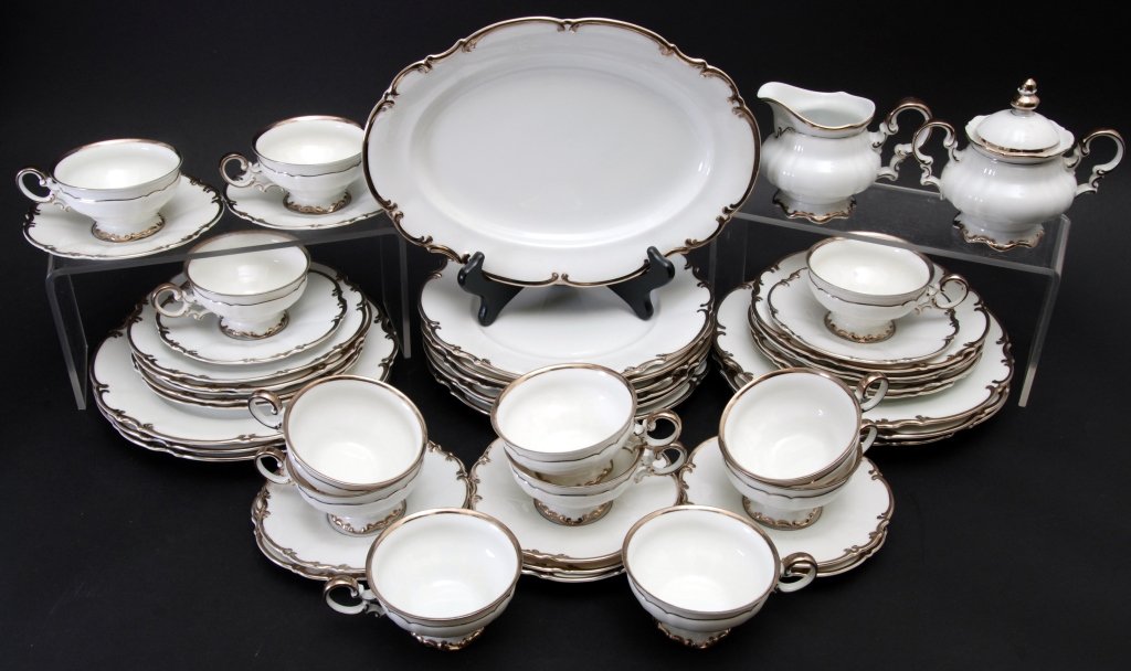 47 Pieces Bavarian Sylvia Dinnerware: Hutschenreuther Selb Pasco Germany Inc. service for 10 (dinner plates, salad plates, cups & saucers) covered sugar, creamer, 12.5" platter, 2 extra dinner plates and 1 soup.