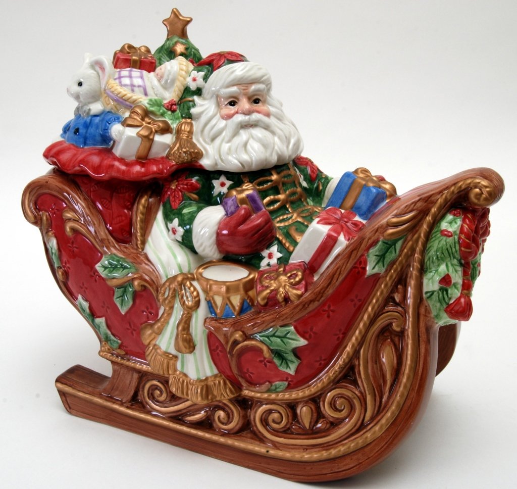 Fitz & Floyd Old World Santa/Santa's Sleigh Cookie Jar: 12" L x 11.5" T.