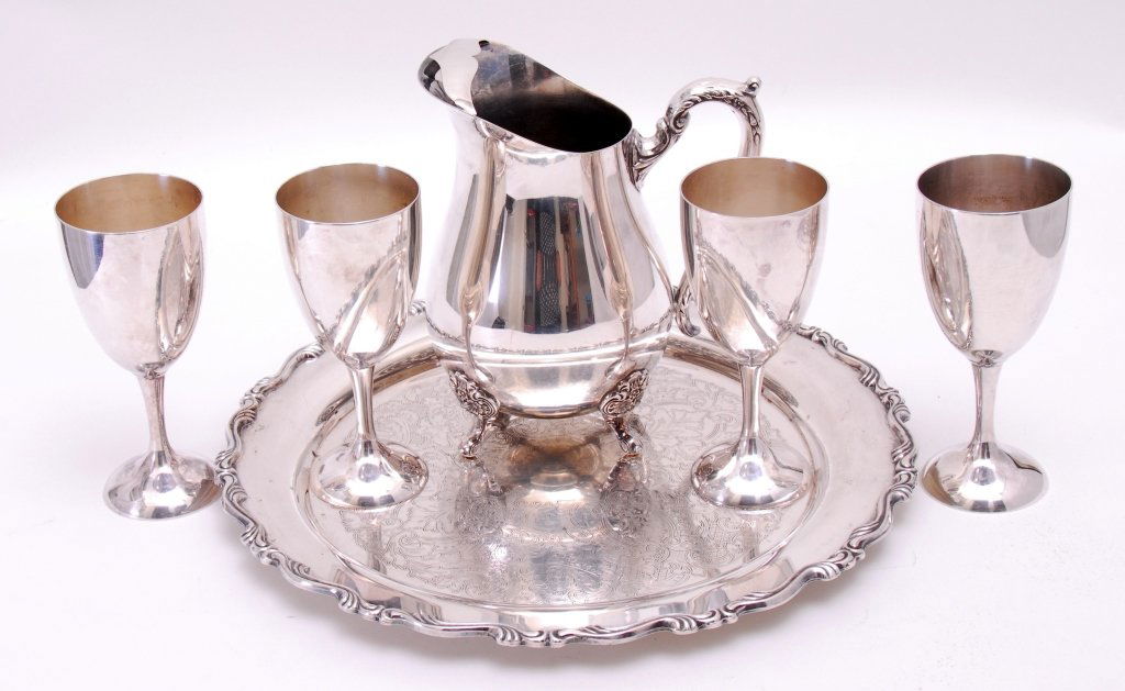Silverplate Pitcher, Goblets & Tray (1 of 2)