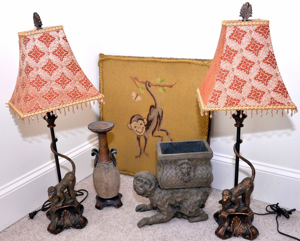 Pair Monkey Lamps, Needlepoint Monkey Plus (1 of 4)