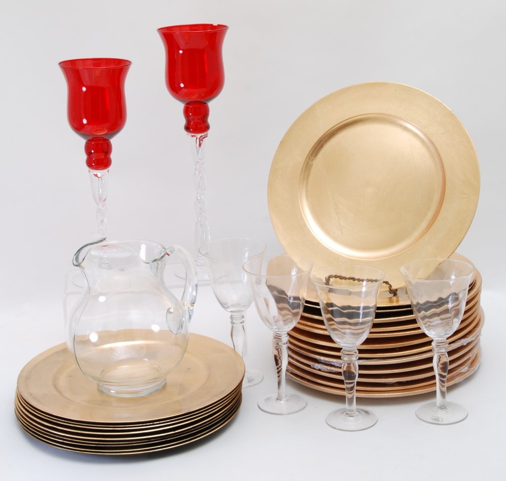 Gold Service Plates, Glasses & Pitcher: 13" D plates, ten Pier One ceramic, twelve Gibson.