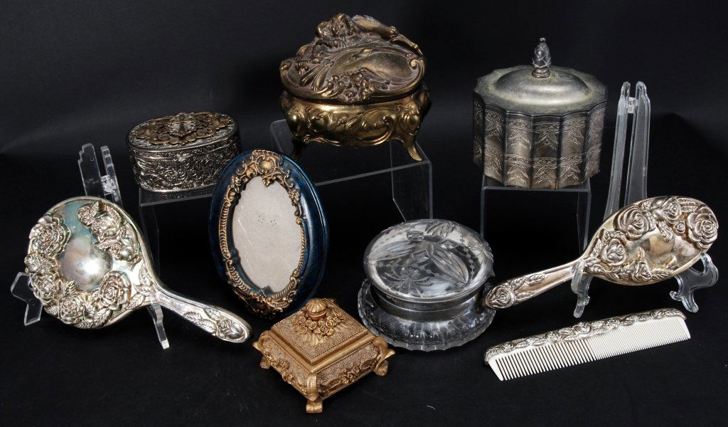 Dresser Boxes & Silverplate Mirror, Brush & Comb (1 of 7)