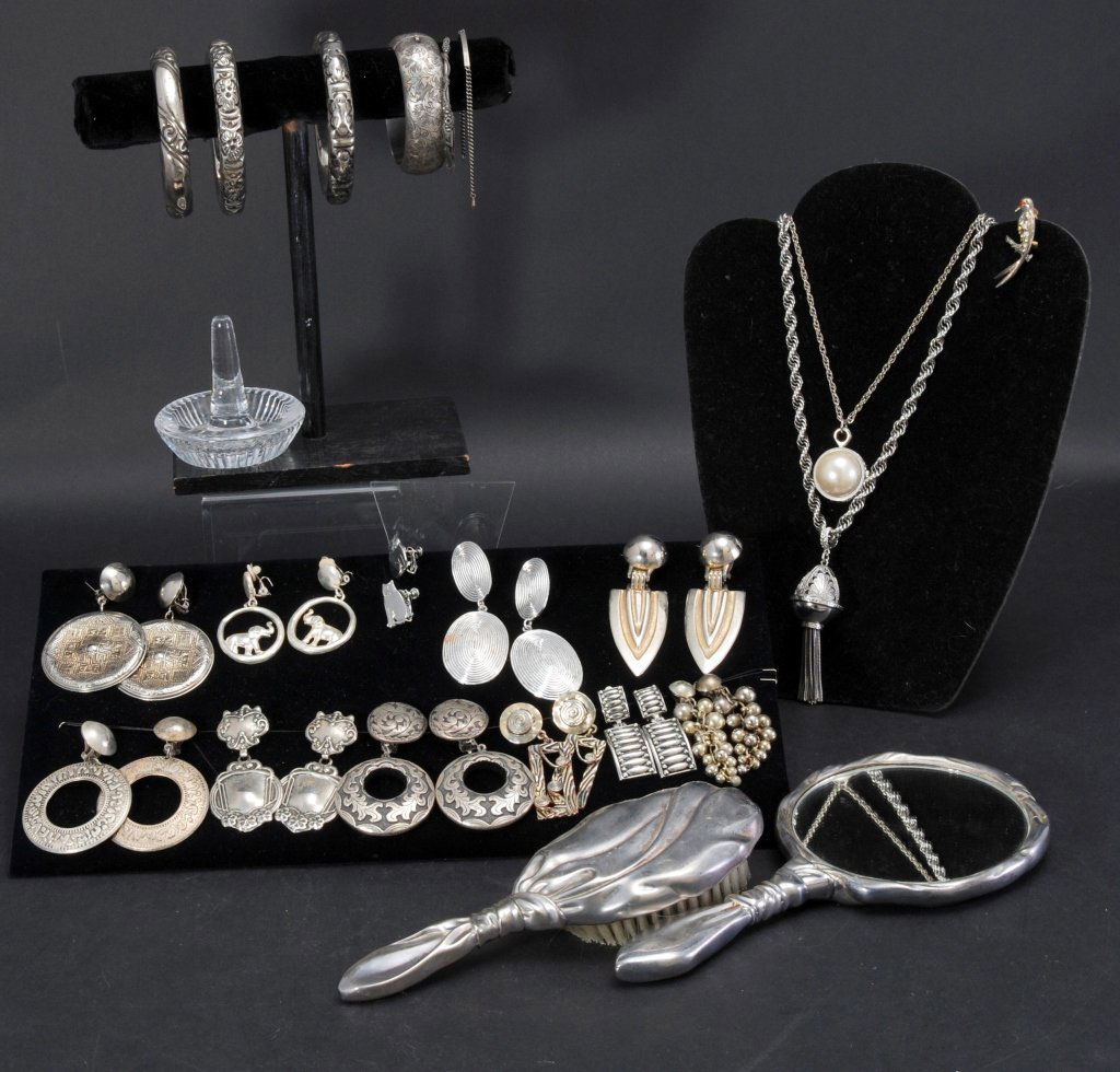 Silver Estate Jewelry: Necklaces, bracelets, pin, dresser mirror and Waterford crystal ring holder.