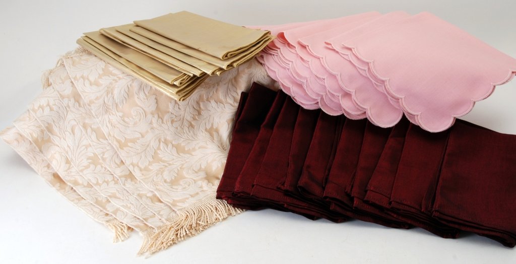Linens Including Napkins & Placemats: Gold, burgundy & pink napkins and gold brocade placemats w/fringe.