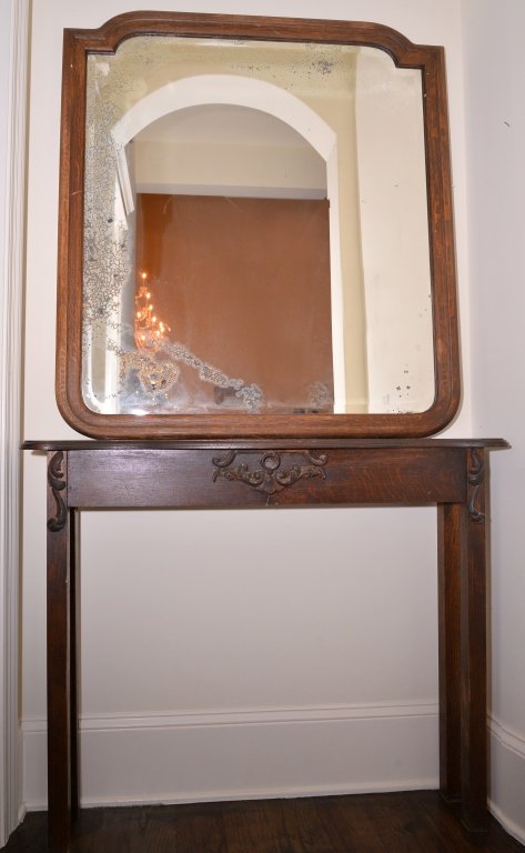 Antique Mirror Over Narrow Table: Mirror 40" wide x 44" tall, table 43.5" wide x 11" deep x 36.5" tall.