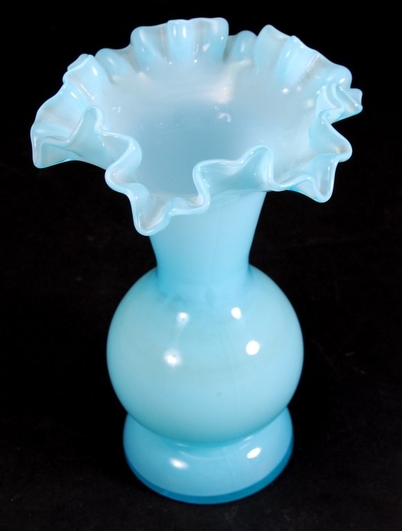 Hand Blown Blue Cased Vase w/Ruffled Edge (1 of 3)