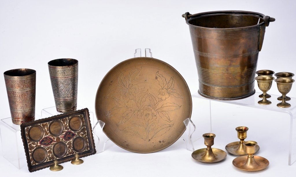 Brass Lot w/Chinese Bowl and 7.5" tall Bucket (1 of 4)